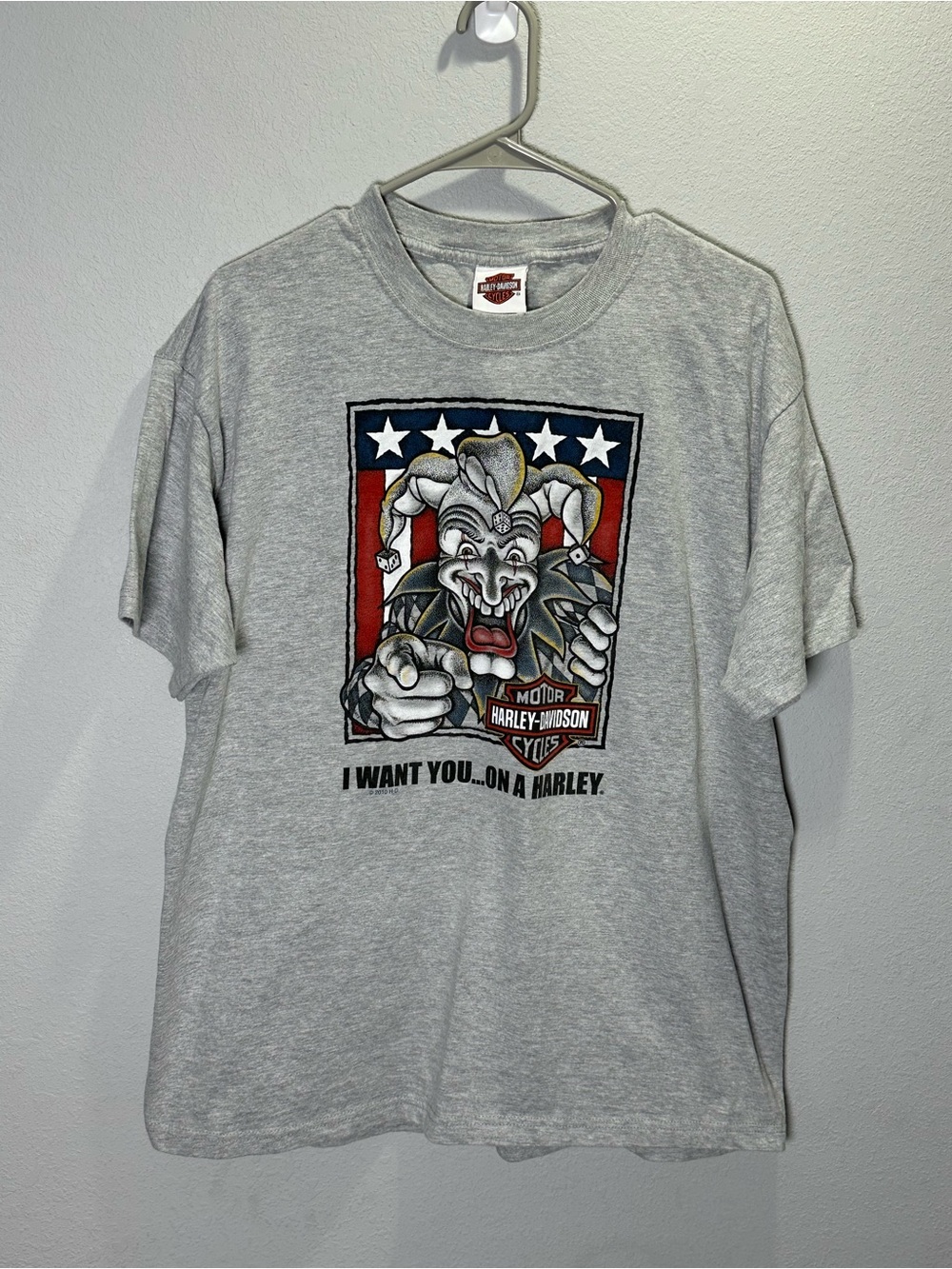 Harley-Davidson Grey Short Sleeve Tee with Red, Blue and White Graphic